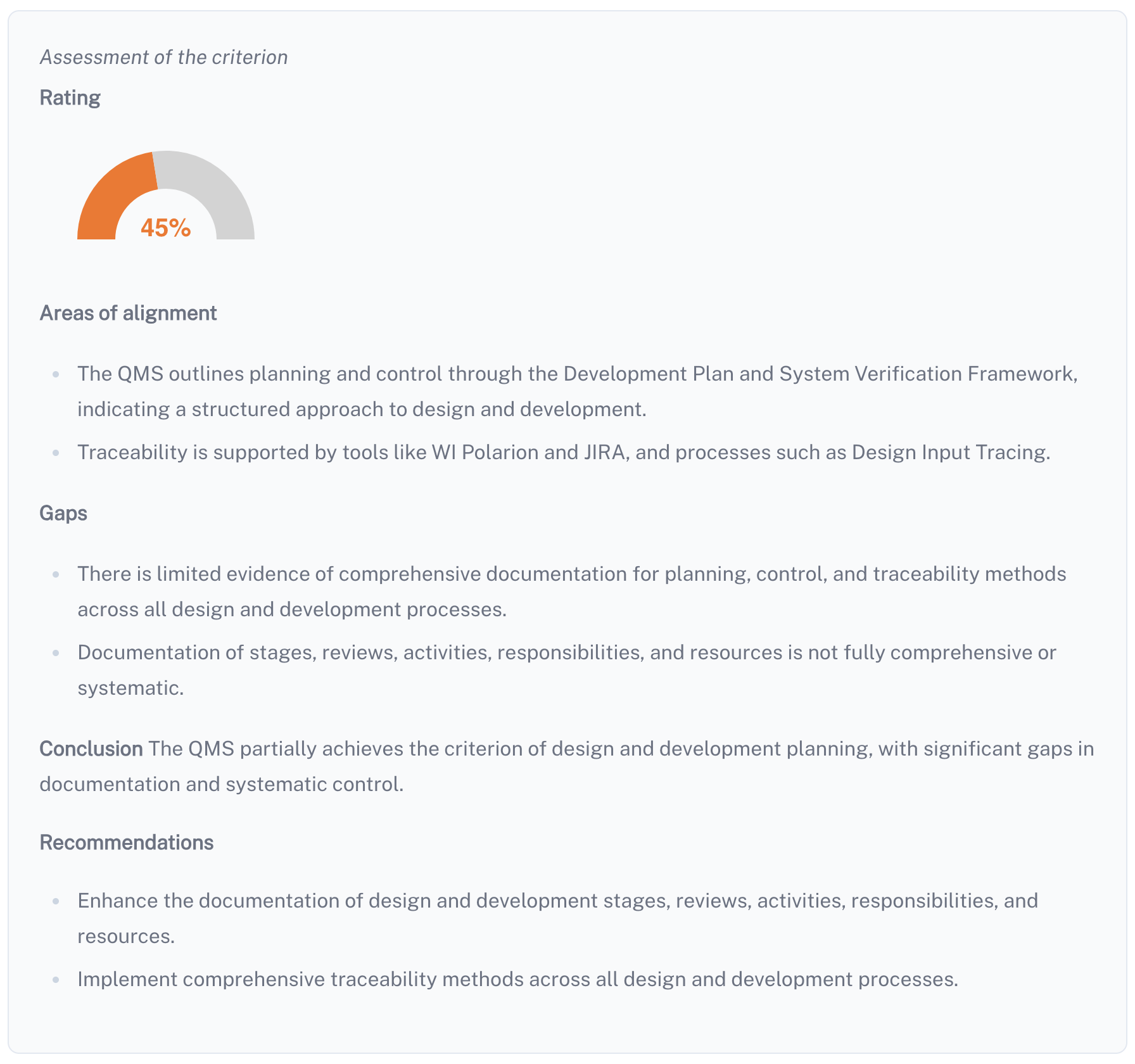 Assessment overview with compliance rating and findings